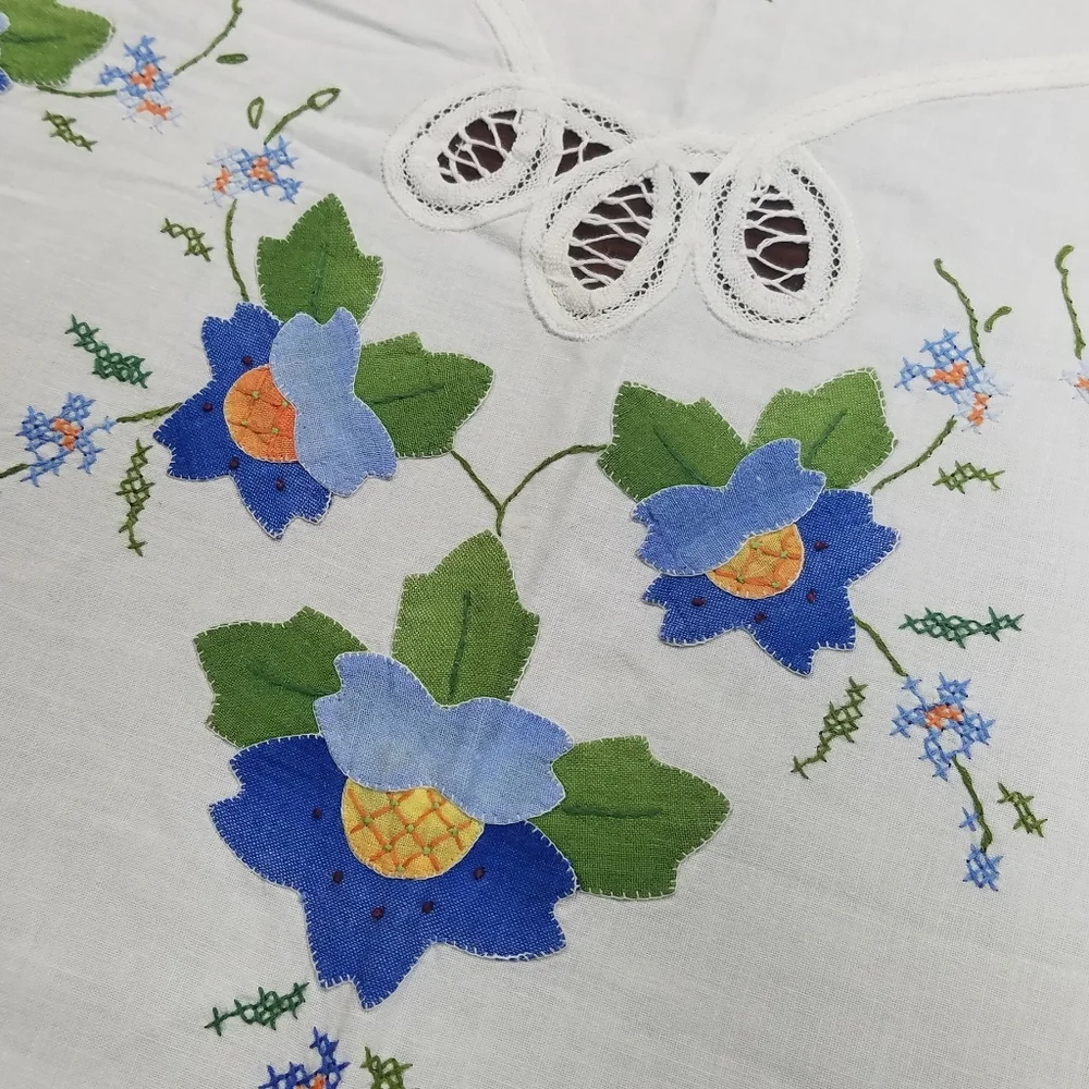 Vintage Floral Applique Round Tablecloth & 8 Napkins Set Blue Trim